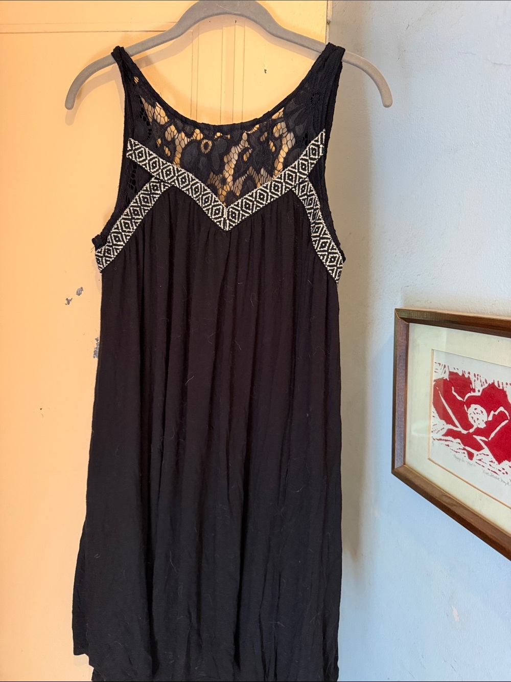 Almay Black Top with Lace Detail and Pink Label